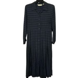 Eddie Bauer Vntg Blue Plaid Button Down Relaxed Shirt Dress Midi Med Country